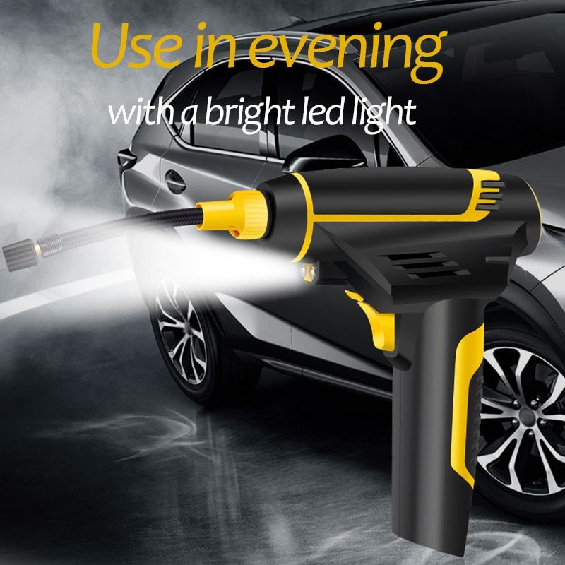 Portable car air compressor with LED light for evening use, ideal for quick tire inflation