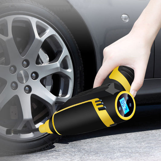 Portable car air compressor with digital display inflating a tire for easy use on the go