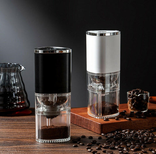 Mystore portable electric coffee grinder in black and white with a clear grinding chamber