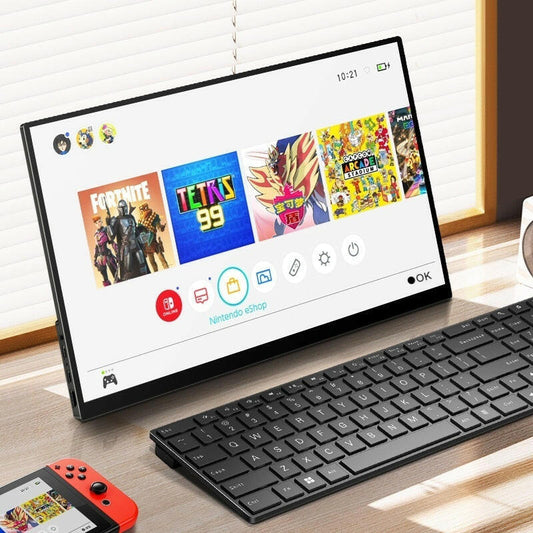 Portable touch monitor displayed with a Nintendo Switch gaming interface and a keyboard