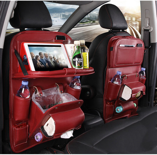 PU leather car organizer with multiple pockets for drinks, tablets, and trash bags for easy storage