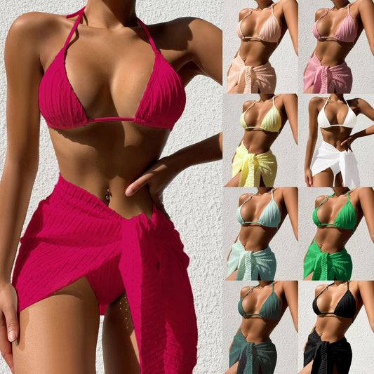 Mystore solid color swimsuit three piece featuring a stylish bikini and matching wrap for summer fun