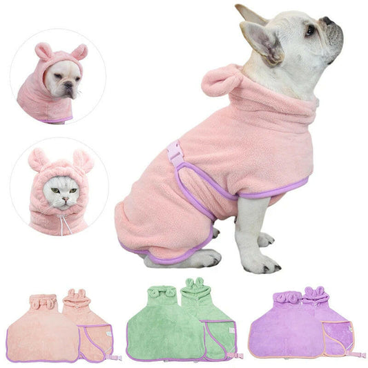 Super absorbent dog bath towel in pink and green colors with cute animal design for quick drying pets
