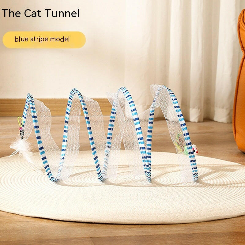 Foldable cat tunnel toy in blue stripe model, perfect for indoor cat play and exploration