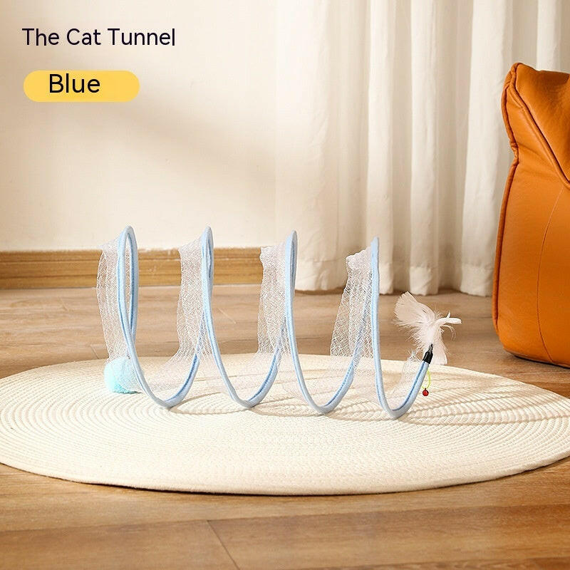 Blue foldable cat tunnel toy with interactive features for playful kittens and cats