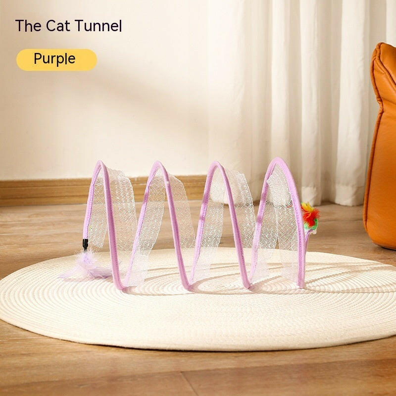 Purple foldable cat tunnel toy with multiple entry points for playful feline adventures