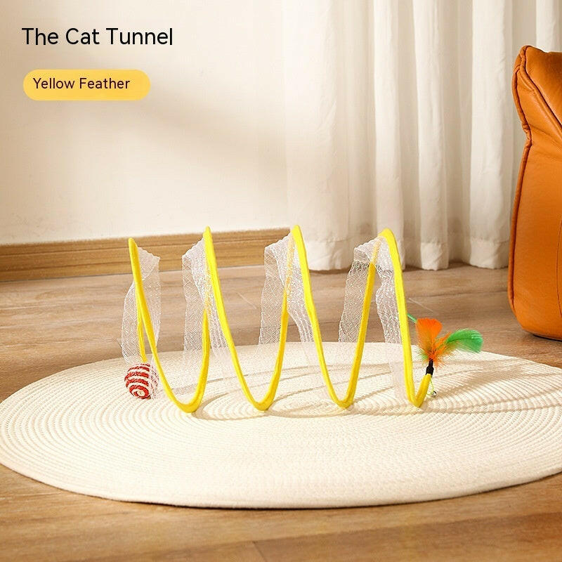 Foldable cat tunnel toy with colorful feathers, ideal for playful cats and easy storage
