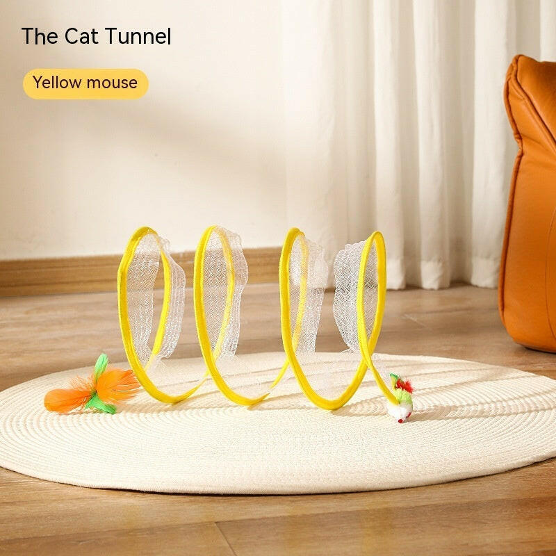 Foldable cat tunnel toy with three mesh openings and colorful mouse for playful cats