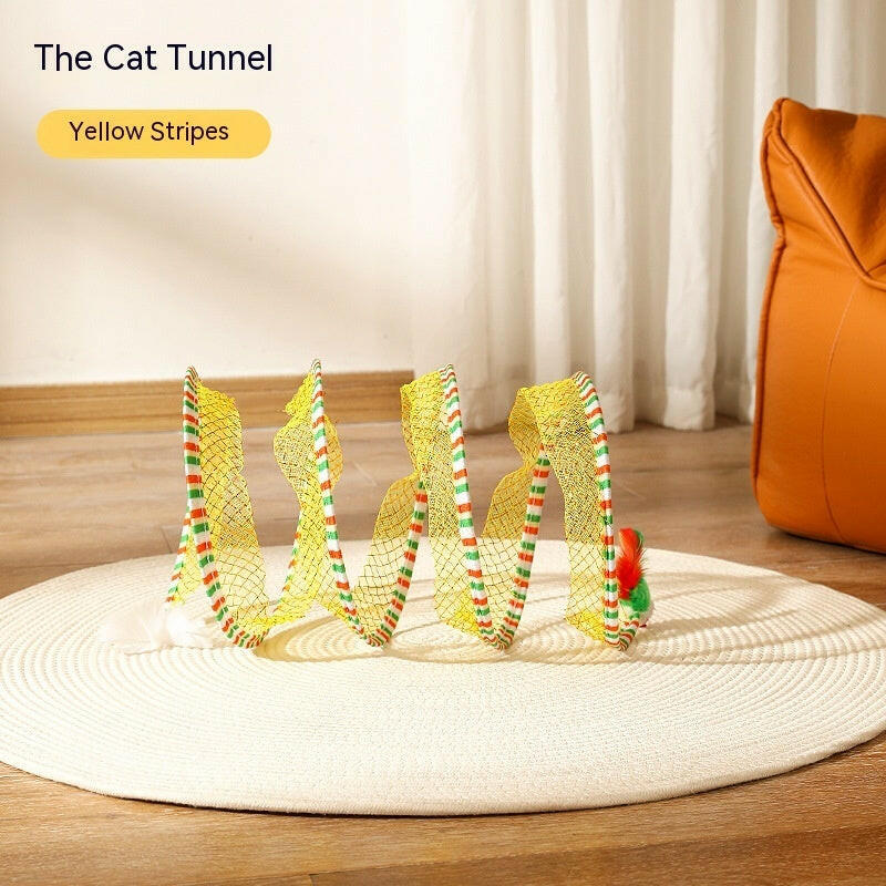 Foldable cat tunnel toy in yellow stripes for playful cats and easy storage