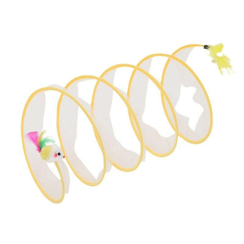 Foldable cat tunnel toy with colorful attachments for playful indoor fun