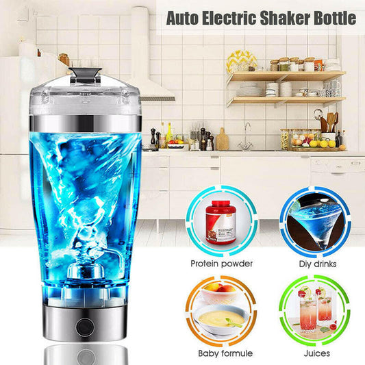USB electric shaker bottle in blue showcasing automatic mixing for protein powders and drinks in a modern kitchen