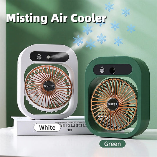 Mystore USB rechargeable misting fan in white and green colors ideal for portable cooling