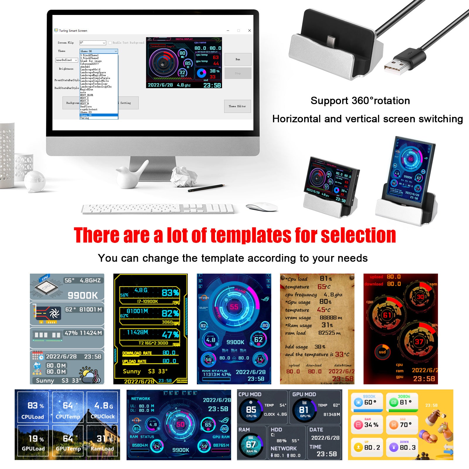 Mystore USB secondary screen monitor with multiple display templates and 360 degree rotation feature