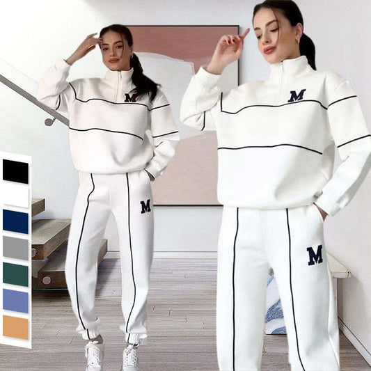 White women's lounge sweatsuit set with black piping and M logo, hoodless 2 piece outfit for casual wear